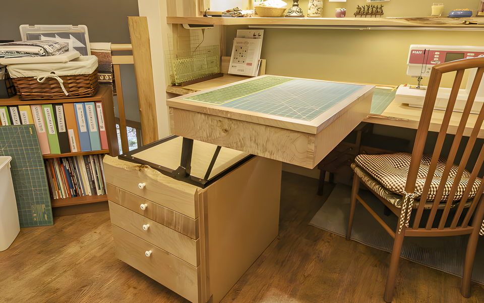 Custom quilting cabinets adjustable fold-down, live edge maple cutting table