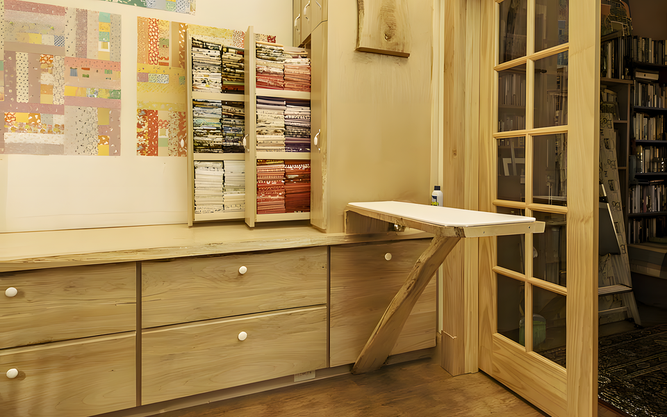 Custom quilting cabinets w/fold-down, live edge maple ironing table
