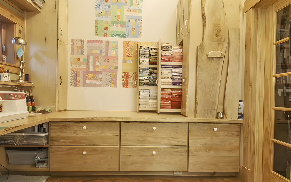 Quilting studio design wall and storage for fabric in live-edge maple